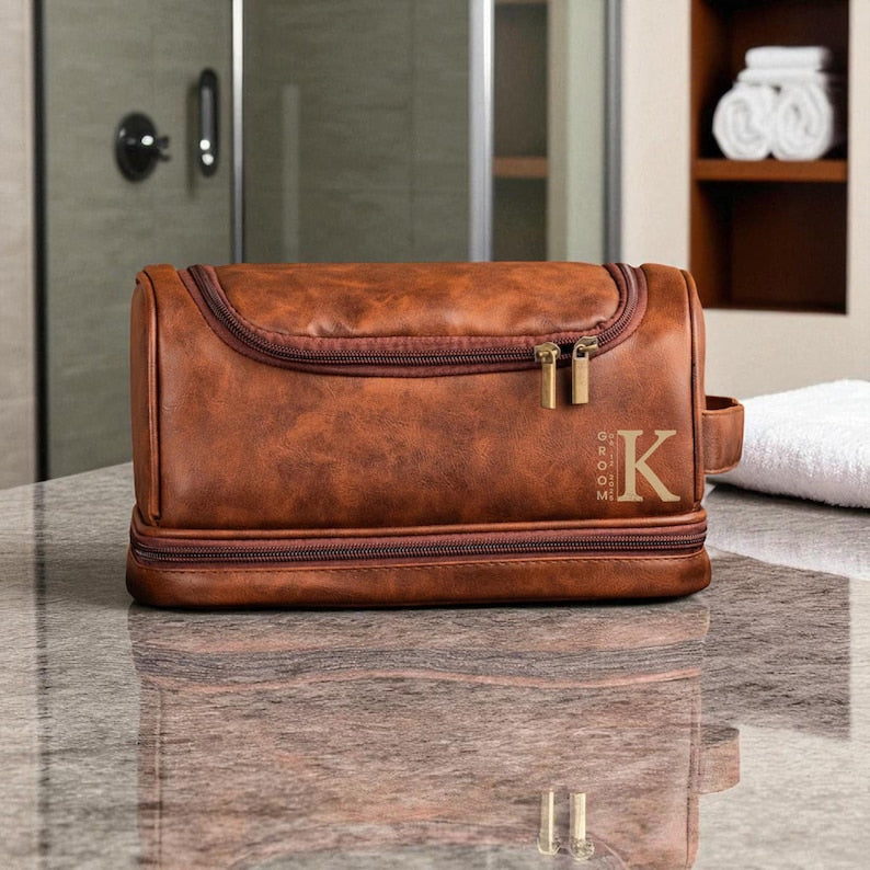 Personalized Leather Hanging Toiletry Bag for Men, Monogrammed Travel Organizer for Grooming Essentials, Valentine's Day Gift