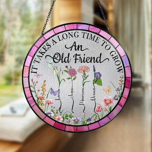 Personalized Old Friend Stained Glass Suncatcher Custom Floral Window Hanging with Names Friendship Gift for Best Friends