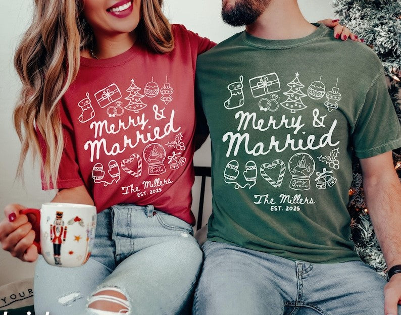 Custom Couples Christmas Shirts, Merry and Married, First Christmas as Mr and Mrs, Custom Gift for Newlyweds