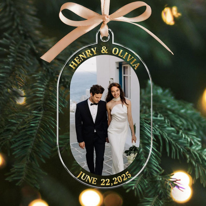 Personalized Couple Photo Ornament: Acrylic Wedding Keepsake, First Christmas Married Ornament