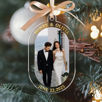 Personalized Couple Photo Ornament: Acrylic Wedding Keepsake, First Christmas Married Ornament