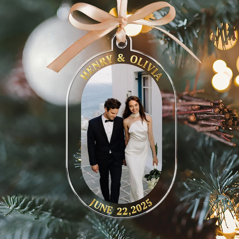 Personalized Couple Photo Ornament: Acrylic Wedding Keepsake, First Christmas Married Ornament