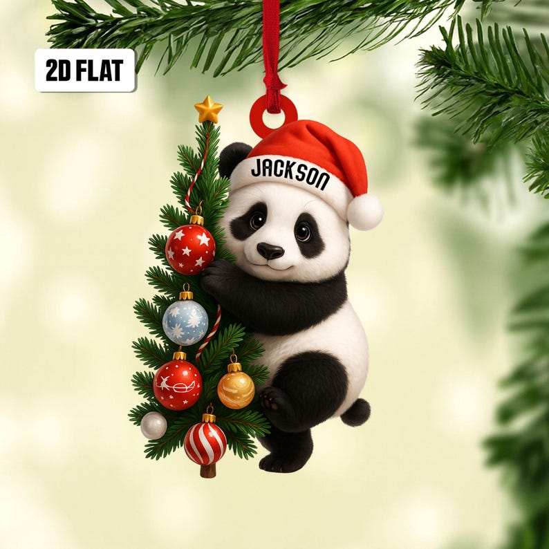 Personalized Panda 2D Flat Ornament, Panda Tree Rearview Mirror Car Accessories, Panda Christmas Ornament, Holiday Gift for Panda Lover, Kid