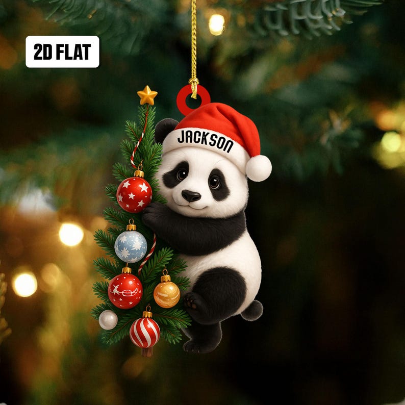Personalized Panda 2D Flat Ornament, Panda Tree Rearview Mirror Car Accessories, Panda Christmas Ornament, Holiday Gift for Panda Lover, Kid