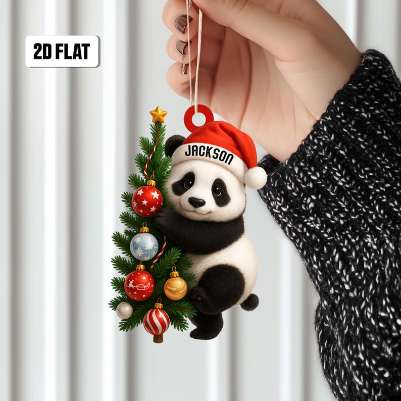 Personalized Panda 2D Flat Ornament, Panda Tree Rearview Mirror Car Accessories, Panda Christmas Ornament, Holiday Gift for Panda Lover, Kid