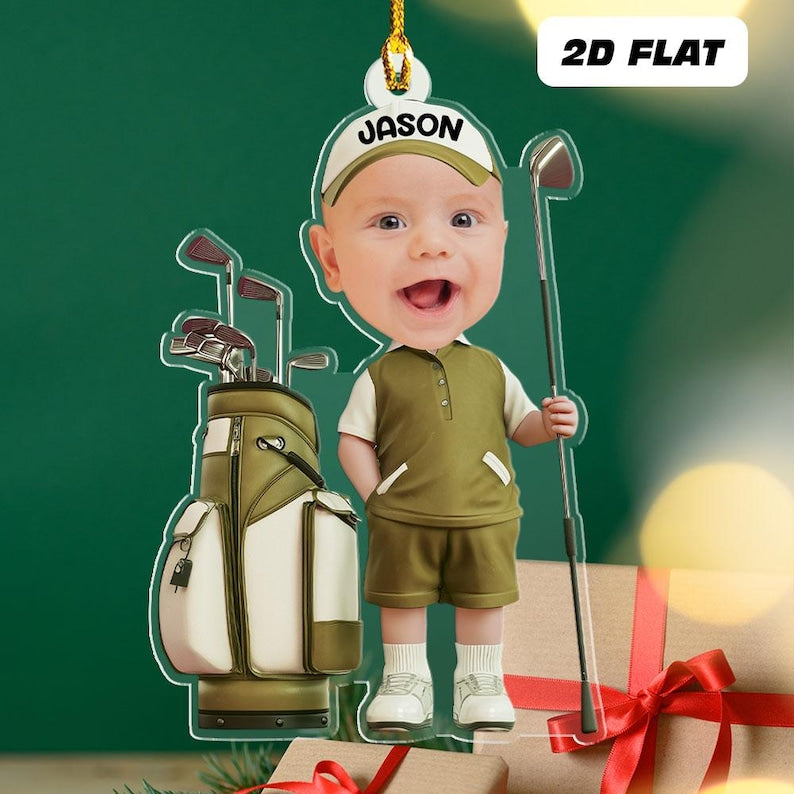 Personalized Baby Golfer Ornament, Golf Photo Ornament, Golf Baby Ornament, 2d Flat Ornament, Christmas Tree Decoration, Baby Golf Gift