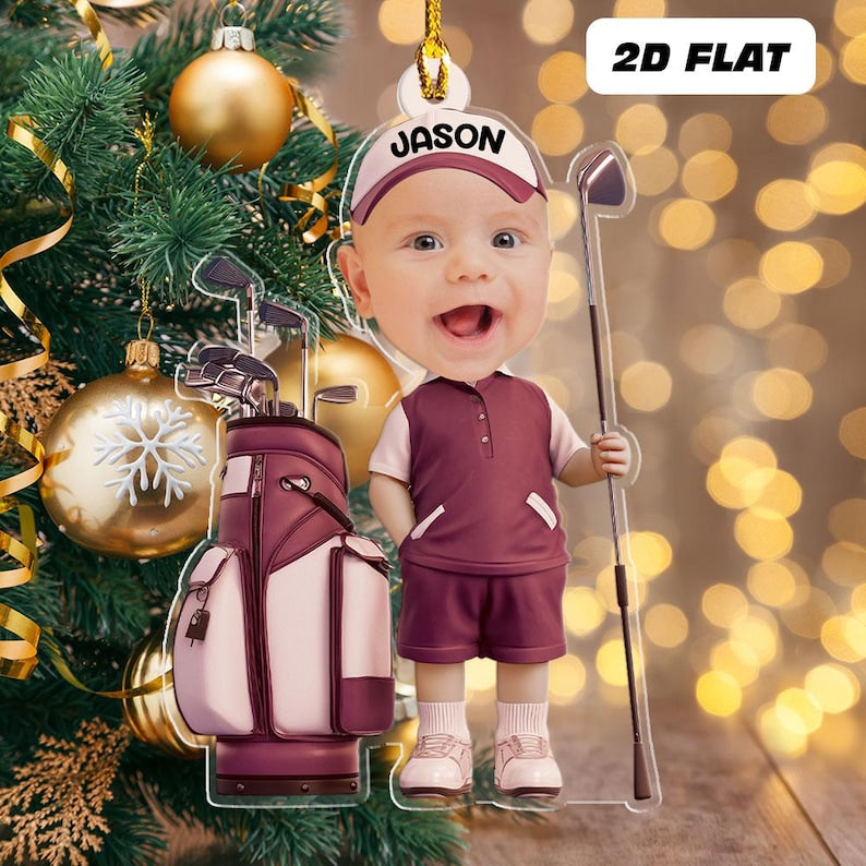 Personalized Baby Golfer Ornament, Golf Photo Ornament, Golf Baby Ornament, 2d Flat Ornament, Christmas Tree Decoration, Baby Golf Gift