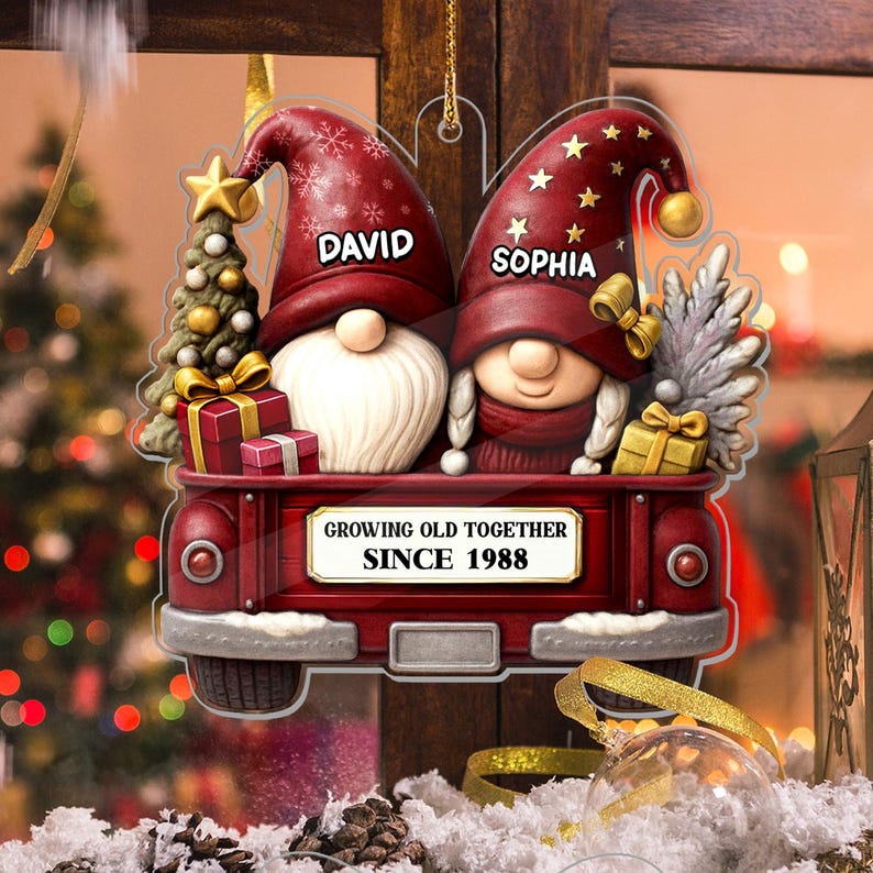 Custom Gnome Couple Growing Old Together Ornament, Personalized Gnome Couple Ornament,Personalized Wedding Anniversary Gift for Grandparents