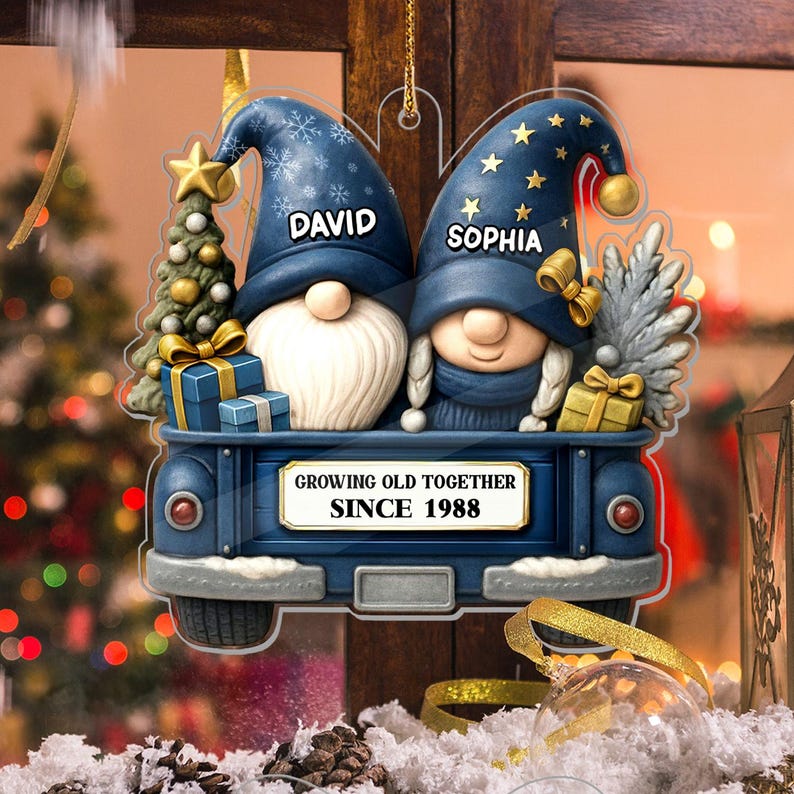 Custom Gnome Couple Growing Old Together Ornament, Personalized Gnome Couple Ornament,Personalized Wedding Anniversary Gift for Grandparents