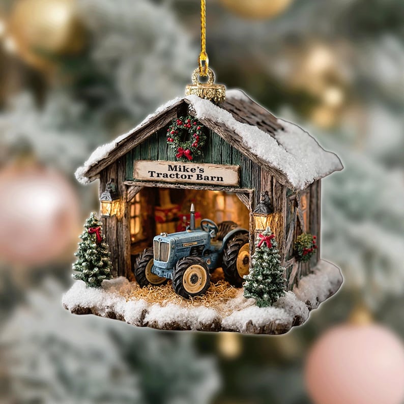 Personalized Tractor Barn Christmas Ornament 2025 | Custom Farmhouse Tractor Holiday Keepsake, 2D Flat Ornament