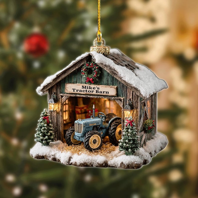 Personalized Tractor Barn Christmas Ornament 2025 | Custom Farmhouse Tractor Holiday Keepsake, 2D Flat Ornament