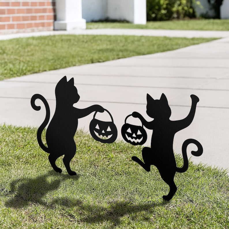 Halloween Cat Metal Yard Stake, Dancing Cat Sign, Witch Cat Garden Decor, Halloween Outdoor Decoration, Halloween Party Yard Sign