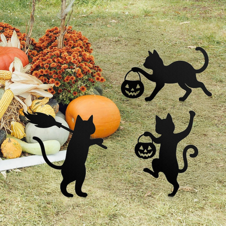 Halloween Cat Metal Yard Stake, Dancing Cat Sign, Witch Cat Garden Decor, Halloween Outdoor Decoration, Halloween Party Yard Sign