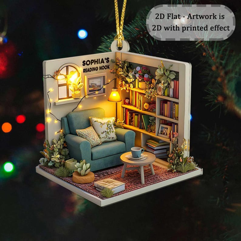 2D FLAT Personalized Dreamy Cozy Reading Nook 2D Flat Acrylic Ornament, Reading Room Christmas Ornament, Bookworm Gift, Librarian Gift