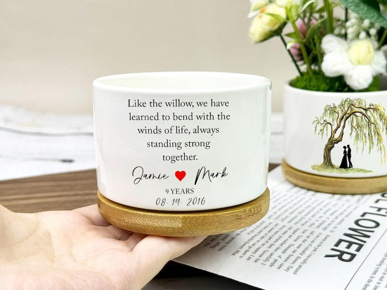 personalised plant pots Willow Tree Ceramic Pot Wedding Keepsake Gift, 9 Years Anniversary Pot, Custom Willow Tree Pot Gift, Personalised Flower Pot Gift for Couple