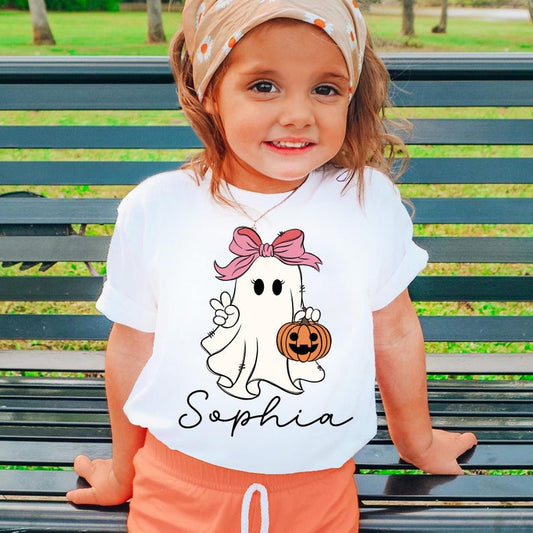 Personalized Halloween Shirt for Girl, Ghost Name Toddler Girls Shirt, Custom Name Retro Halloween Girls Tee, Spooky Season, Cute Fall Shirt