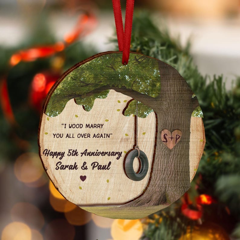 Custom Wood Anniversary Wedding Ornament, 5th Anniversary Christmas Ornament, 5th Year Anniversary Gifts, 5th Year Wood Anniversary Ornament