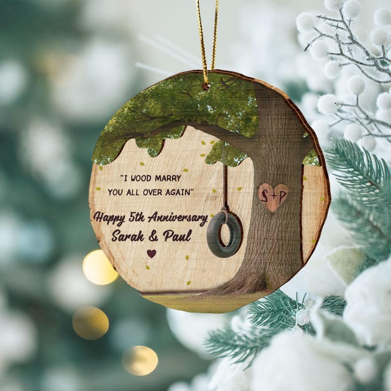 Custom Wood Anniversary Wedding Ornament, 5th Anniversary Christmas Ornament, 5th Year Anniversary Gifts, 5th Year Wood Anniversary Ornament