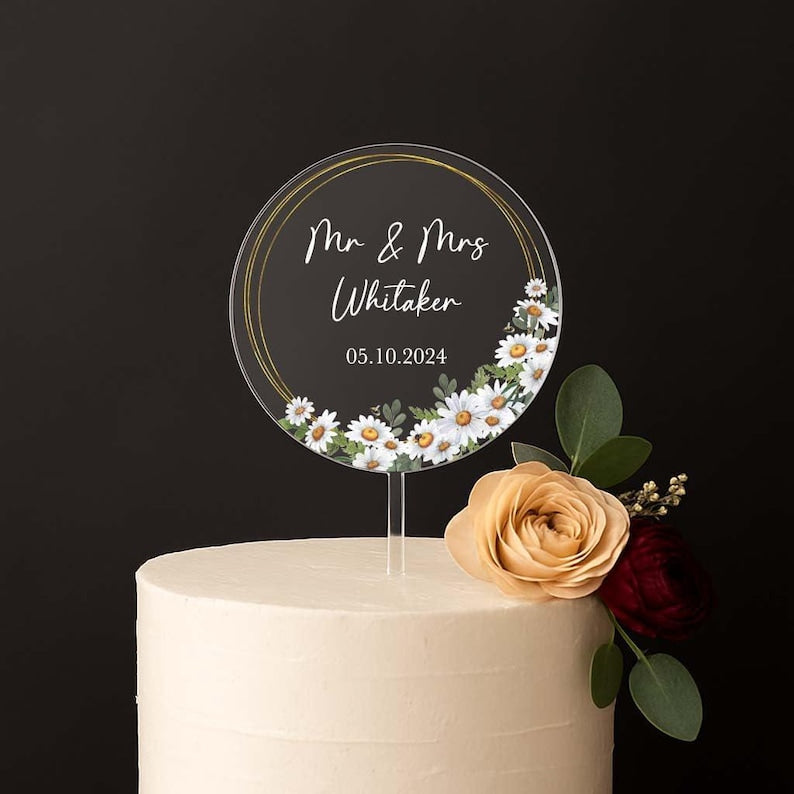 Elegant Floral Flowers Frame Wedding Day Bride Groom Reception Anniversary Engagement Cake Topper Top Personalized | Celebrate & Party!