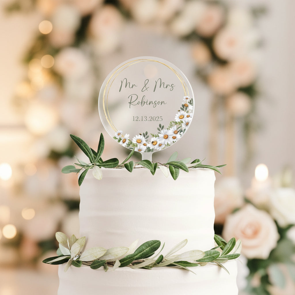 Elegant Floral Flowers Frame Wedding Day Bride Groom Reception Anniversary Engagement Cake Topper Top Personalized | Celebrate & Party!