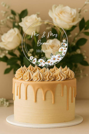 Elegant Floral Flowers Frame Wedding Day Bride Groom Reception Anniversary Engagement Cake Topper Top Personalized | Celebrate & Party!
