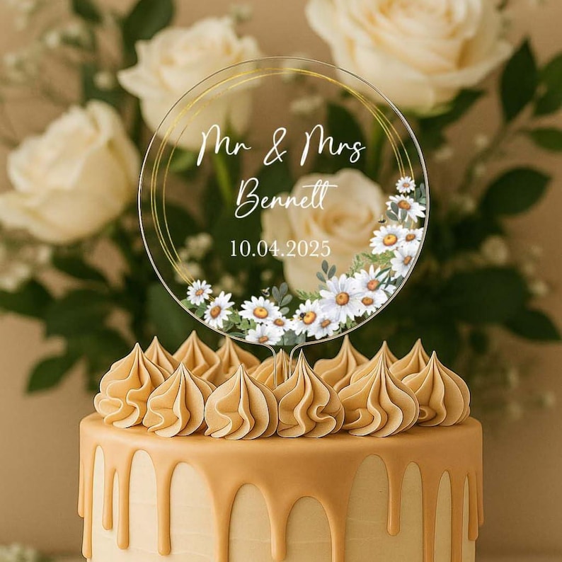 Elegant Floral Flowers Frame Wedding Day Bride Groom Reception Anniversary Engagement Cake Topper Top Personalized | Celebrate & Party!