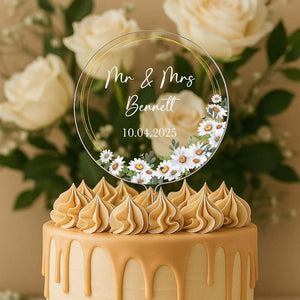 Elegant Floral Flowers Frame Wedding Day Bride Groom Reception Anniversary Engagement Cake Topper Top Personalized | Celebrate & Party!