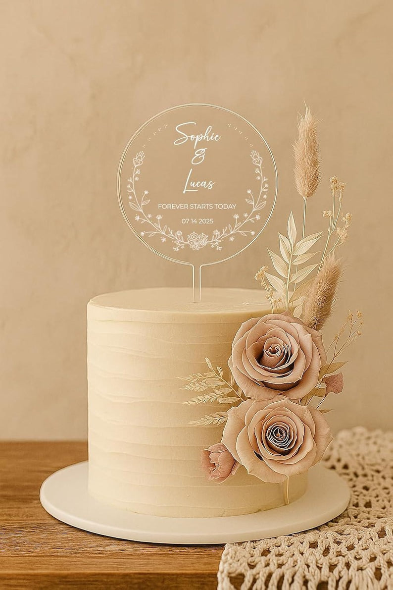 Flower Frame Wedding Bridal Shower Engagement | Forever Starts Today | Cake Topper Top Personalized Decor Table Display | Celebrate & Party!