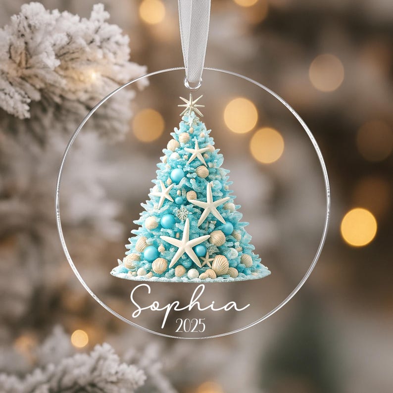 Personalized Coastal Christmas Ornament, Aqua Christmas Gift, Beachy Christmas Ornament, Real Starfish Acrylic Ornament, Gift For Daughter
