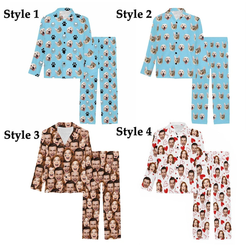 Custom Dog/Cat Faces Pajamas,Personalized Long Sleeve PJS Sets,Dog Paw Printed Pajamas,Funny Sleepwear,Birthday,Anniversary Gifts