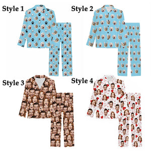Custom Dog/Cat Faces Pajamas,Personalized Long Sleeve PJS Sets,Dog Paw Printed Pajamas,Funny Sleepwear,Birthday,Anniversary Gifts
