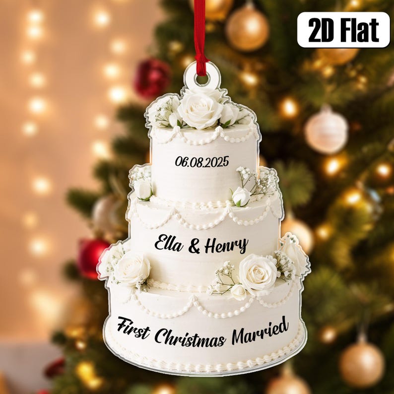 Personalized First Christmas Married Ornament, Wedding Cake 2D Flat Ornament, Custom Name Ornament, Mr Mrs Ornament, Wedding Ornament