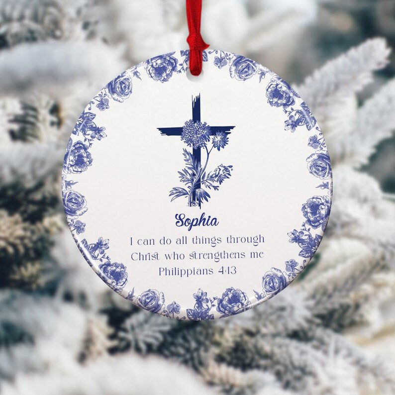 Personalized Christian Ornament with Bible Verse, Custom Scripture Gift, Toile de Jouy Religious Christmas Decoration