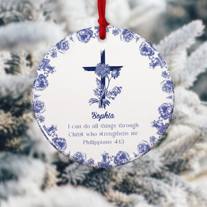 Personalized Christian Ornament with Bible Verse, Custom Scripture Gift, Toile de Jouy Religious Christmas Decoration