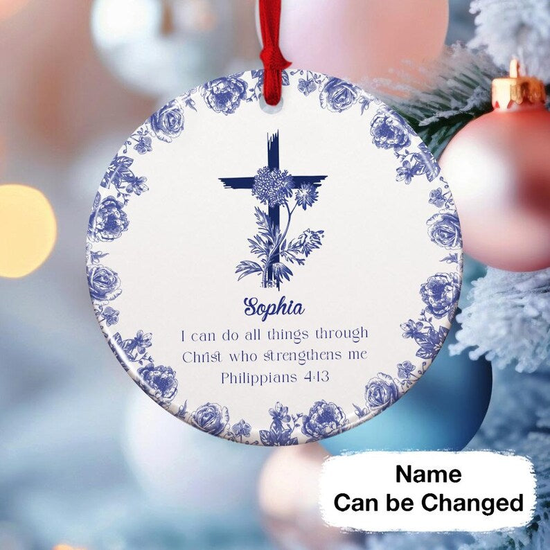 Personalized Christian Ornament with Bible Verse, Custom Scripture Gift, Toile de Jouy Religious Christmas Decoration