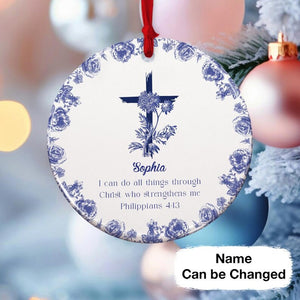 Personalized Christian Ornament with Bible Verse, Custom Scripture Gift, Toile de Jouy Religious Christmas Decoration