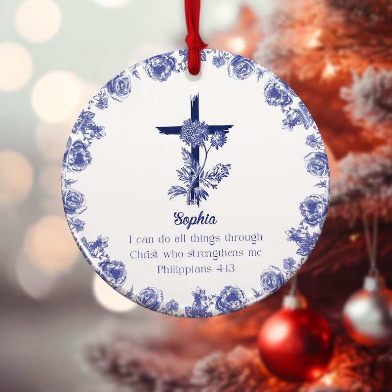 Personalized Christian Ornament with Bible Verse, Custom Scripture Gift, Toile de Jouy Religious Christmas Decoration