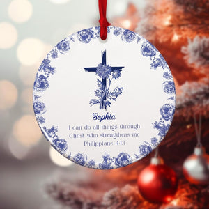 Personalized Christian Ornament with Bible Verse, Custom Scripture Gift, Toile de Jouy Religious Christmas Decoration