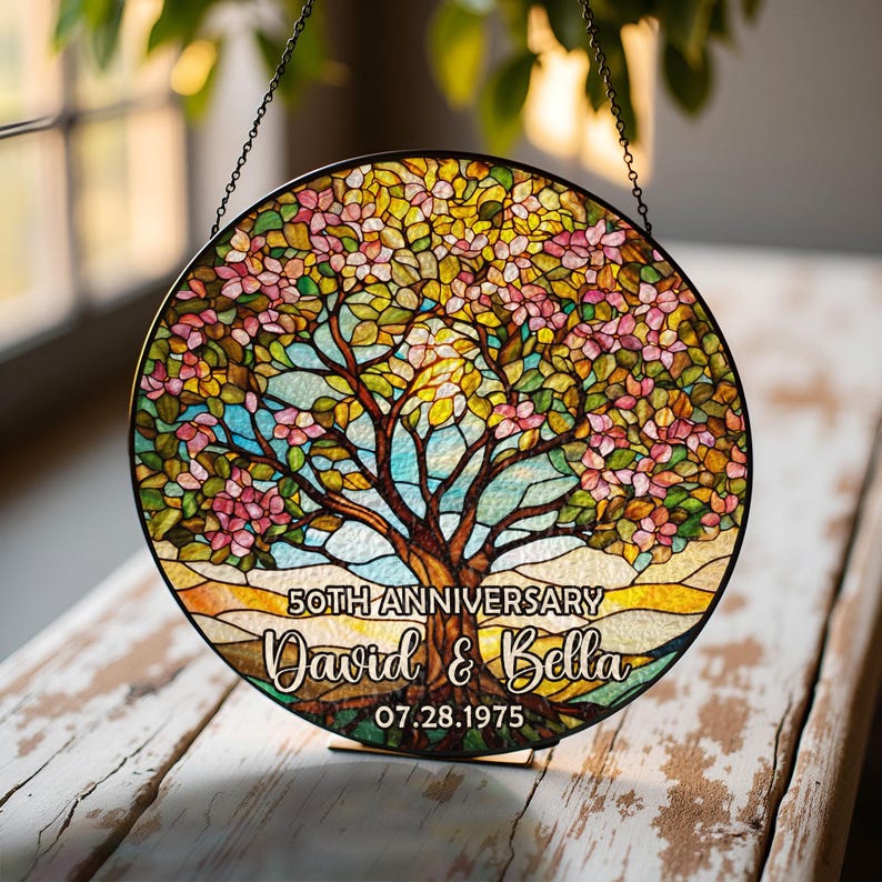Personalized Tree of Life Anniversary Suncatcher With Name & Date, Custom 50th Wedding Anniversary Stained Glass Gift For Parents