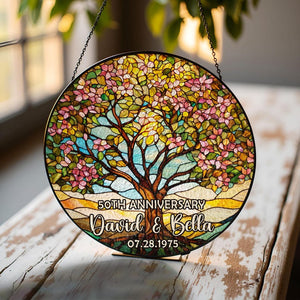 Personalized Tree of Life Anniversary Suncatcher With Name & Date, Custom 50th Wedding Anniversary Stained Glass Gift For Parents