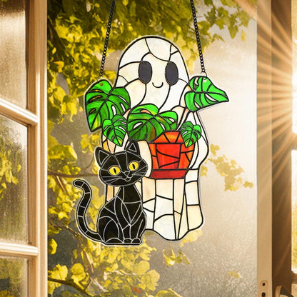 Cute Ghost Monstera Acrylic Suncatcher,Halloween Ghost Suncatcher,Cute Ghost Plant Tree And Cat Suncatcher,Halloween Ghost Window Hanging