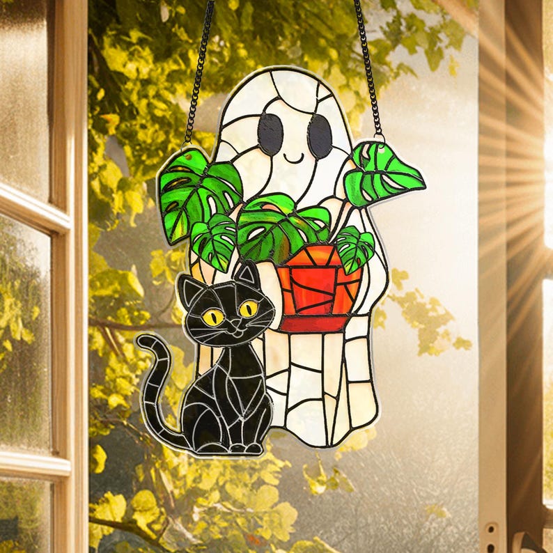 Cute Ghost Monstera Acrylic Suncatcher,Halloween Ghost Suncatcher,Cute Ghost Plant Tree And Cat Suncatcher,Halloween Ghost Window Hanging