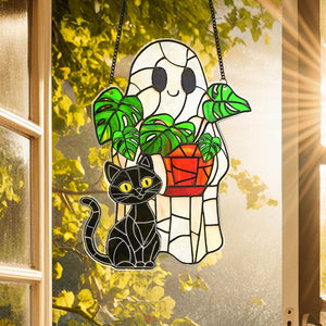 Cute Ghost Monstera Acrylic Suncatcher,Halloween Ghost Suncatcher,Cute Ghost Plant Tree And Cat Suncatcher,Halloween Ghost Window Hanging