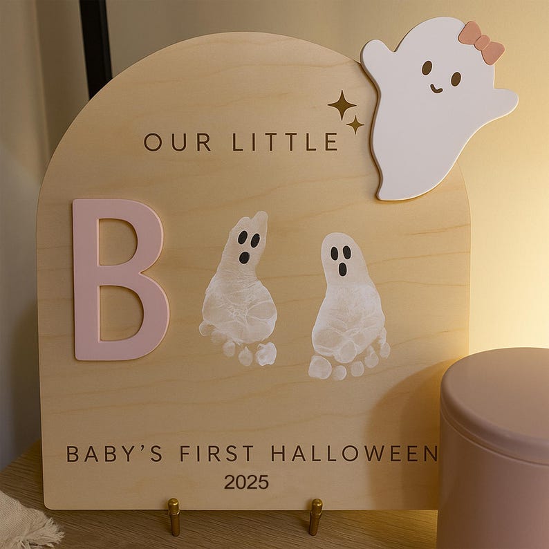 Personalized DIY Footprint Art, Baby's First Halloween, My Little Boo Sign, Wooden Kids Craft, Custom Children's Keepsake, Halloween Gift
