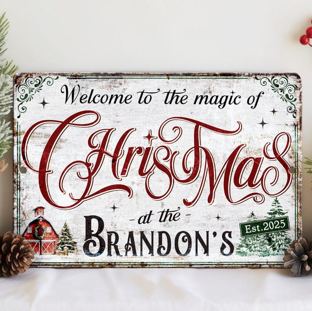Farmhouse Christmas Sign, Welcome To The Magic Of Christmas Metal Sign, Vintage Christmas Sign, Christmas Metal Sign Home Decor,