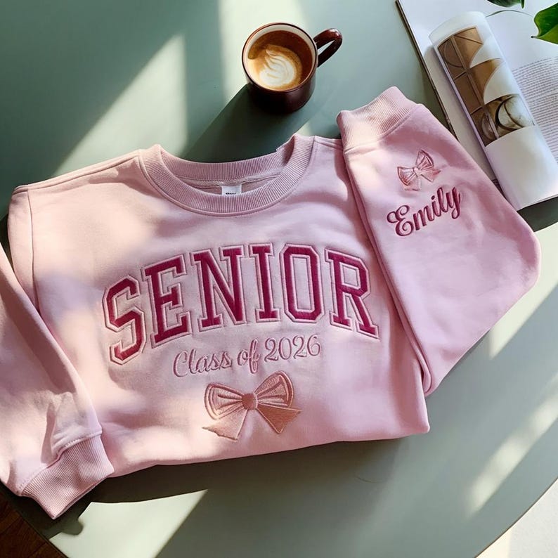 Senior Embroidered Sweatshirt Class of 2026 with Name, Senior 2026 Shirt, Personalized Graduation Gift for Her, Senior Girl Bow Crewneck