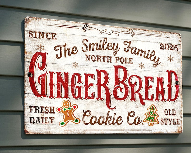 Personalized Gingerbread Baking Co Sign, Custom Christmas Sign, Bakery Wall Decor, The Family Name Farmhouse Metal Sign Decor
