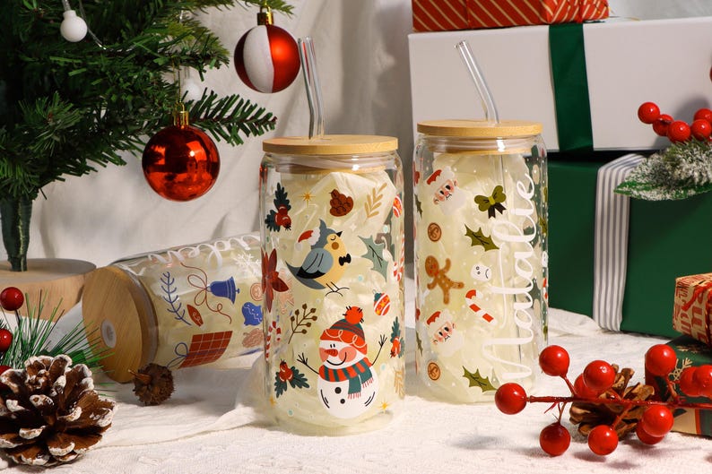 Personalized Christmas Tree Snack Glass: Iced Coffee Cup with Lid