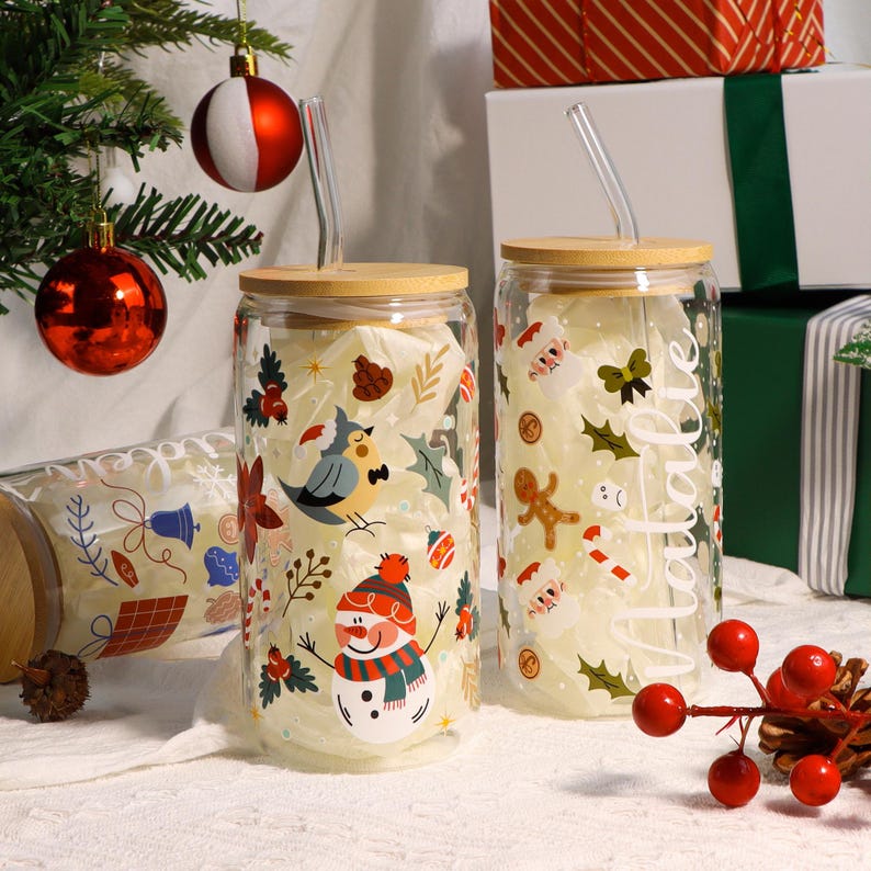 Personalized Christmas Tree Snack Glass: Iced Coffee Cup with Lid