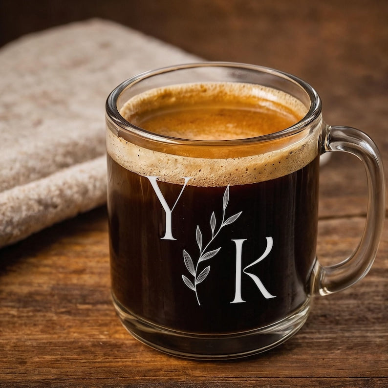 Custom Glass Coffee Mug, Personalized Name or Initial Cup, Engraved Latte Mug, Bridesmaid Gift, Birthday or Mother Gift, Christmas Gift
